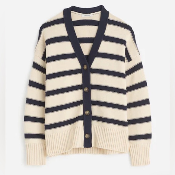 Madewell Oversized Cotton Cardigan in Stripe Cream Navy NT645 100% Cotton Small - Picture 5 of 10